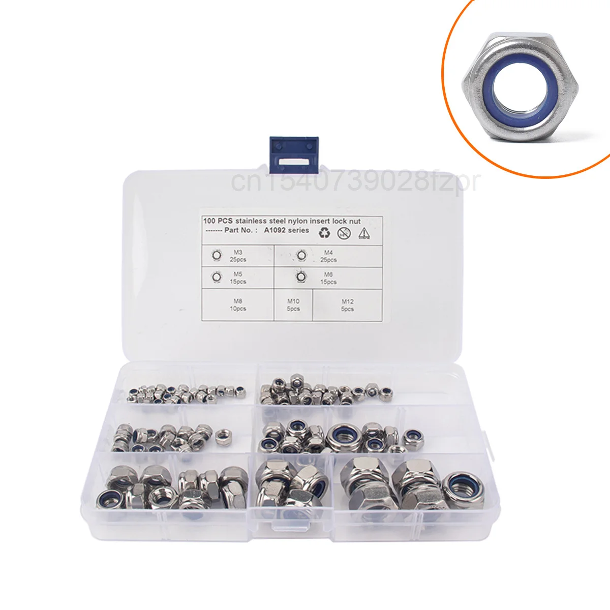 

100 Boxed Stainless Steel Hexagon Nylon Lock Nuts, Anti Slip and Anti Loose Self-locking Nuts M3-m12