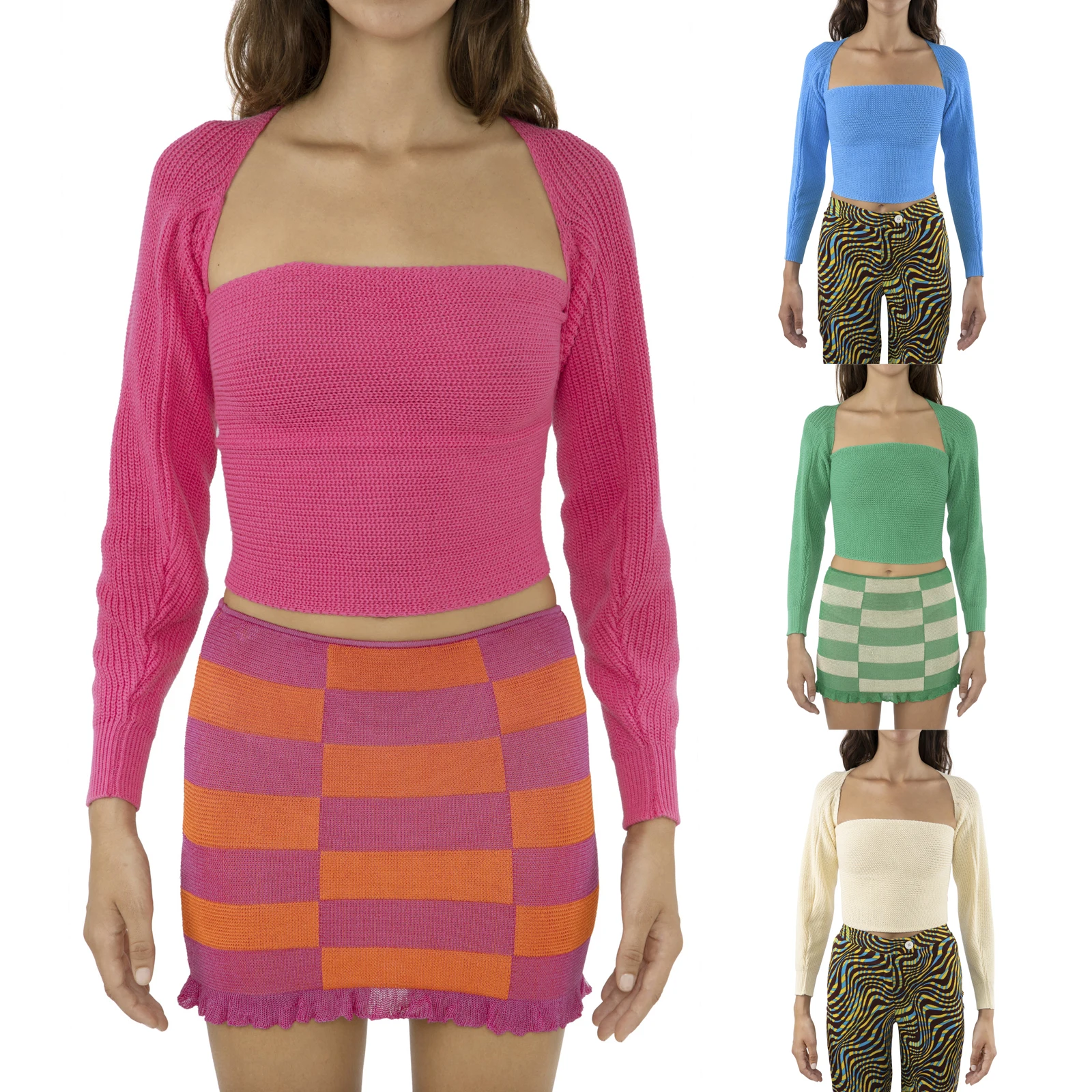 

Chic Women Knit Wrap Sweaters Casual Autumn Solid Color Back Cross Long Sleeve Square Collar Jumpers Pullover Crop Tops