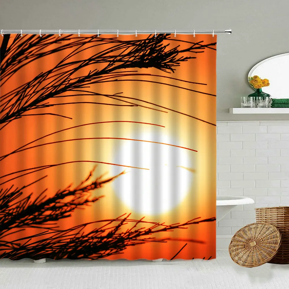 

Sunset Dusk Ocean Landscape Shower Curtain Coconut Tree Plant Nature Photography Bathroom Accessories Waterproof Screen Washable