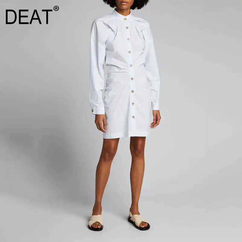 

DEAT Women White Striped Shirt Knee Length Dress New Stand Neck Long Sleeve Loose Fit Fashion Tide Autumn Winter 2021 3D01661