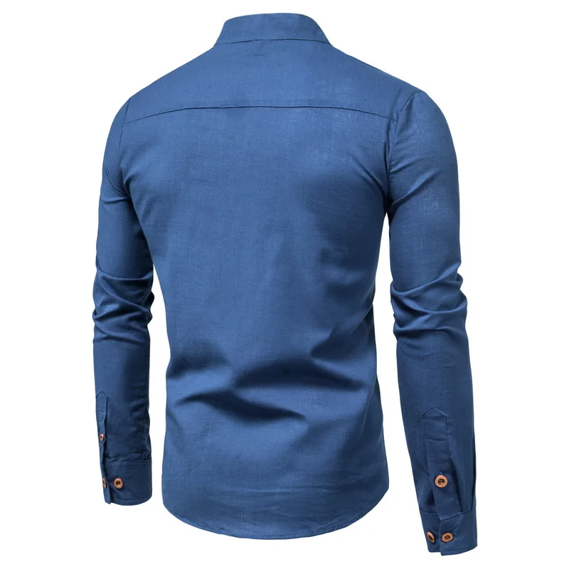 

New Spring And Summer Stand Collar Linen Men Business Casual Shirt Solid Long Sleeve Male Clothing Slim Fit Thin Masculine Dress