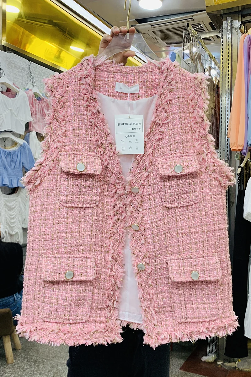 

2021 Spring and Summer New All-Match Vest Cardigan V-neck Plaid Loose Jacket Women Outerwear & Coats