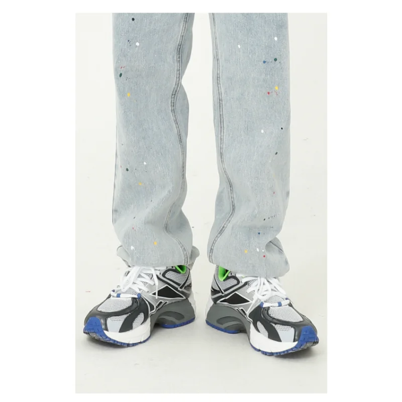 Paint Blue Jeans Mens Printed Autumn Straight Wide Leg Jeans Loose Baggy Man Streetwear Clothing Trousers Designer Denim Jeans
