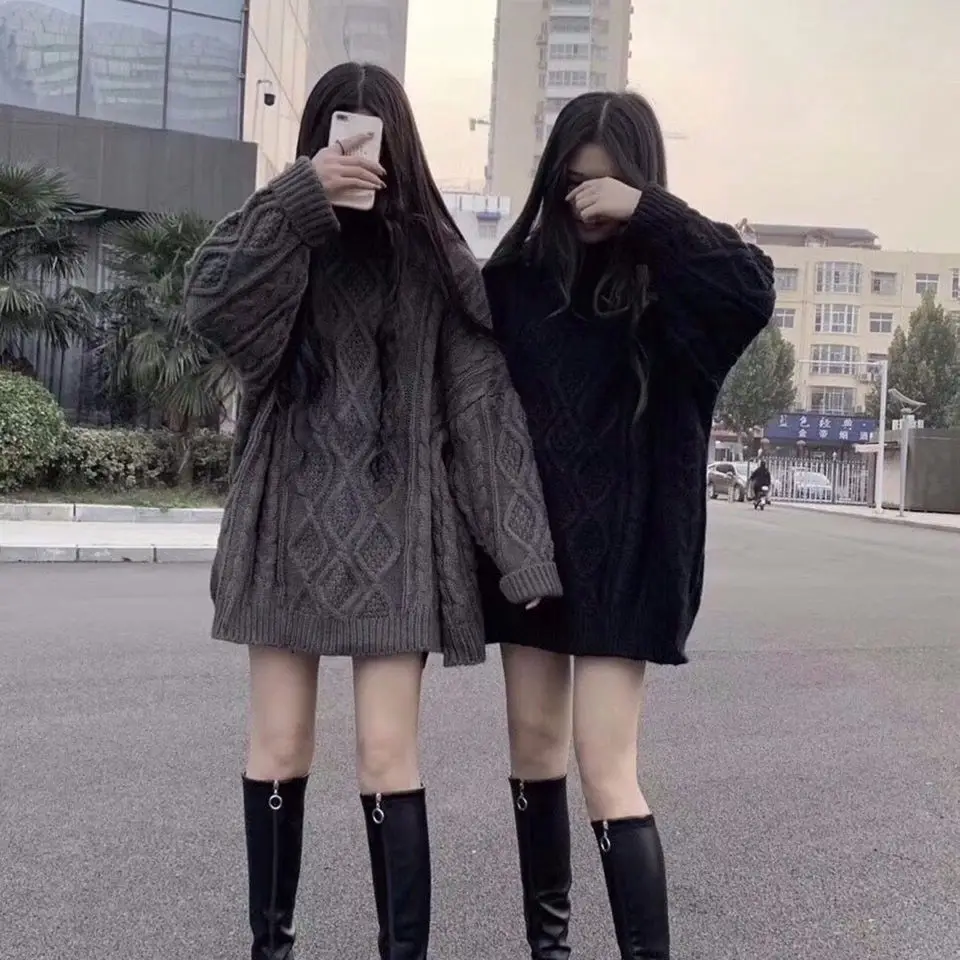 

Sweater with retro loose Korean thick medium long sweater coat