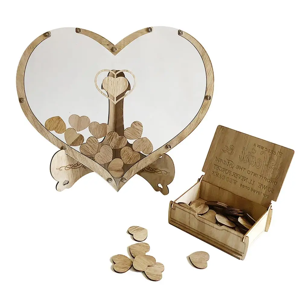 

3D Guestbook Heart Shape Transparent Wedding Guest Book Decoration Rustic Wedding Heart Drop Wooden Box With 80pcs Wood Hearts