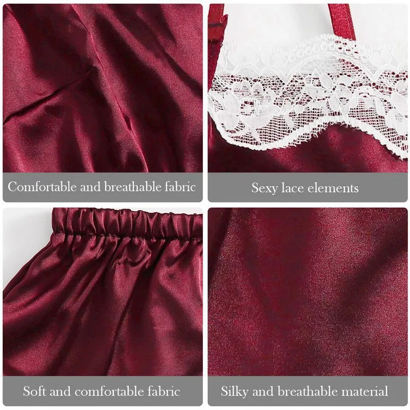 

SHUJIN Satin Silk Pijamas For Women Pyjama Sexy Pajamas Nightwear Female Sleepwear Sleeveless Strapless Lace Up Home Wear 2pcs