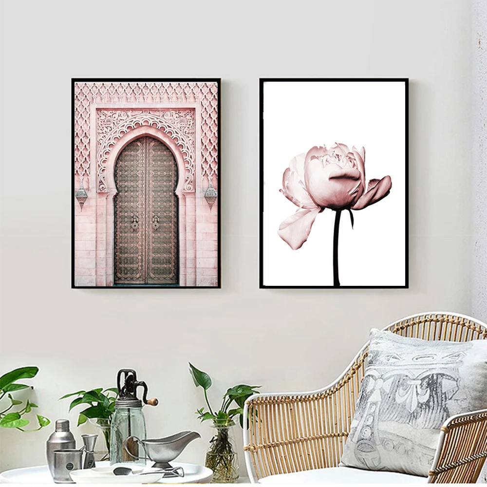 Розовые цветы двойные двери гостиная домашний декор плакат картина украшения