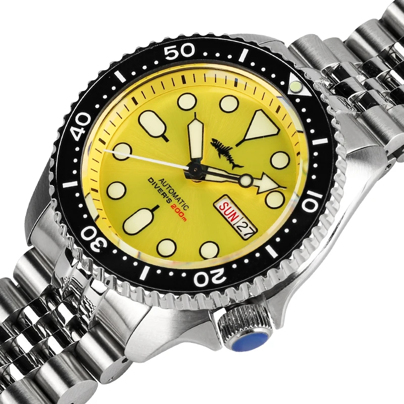 Дешево Автоматические механические наручные часы HEIMDALLR SKX007 NH36, желтый юбилейный браслет, светящиеся Роскошные мужские часы для дайвинга 200 м Sharkey