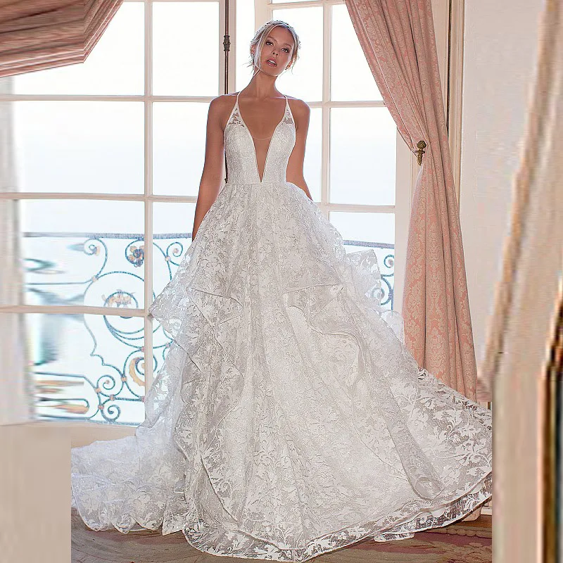 

Modern Sexy Lace A Line Sleeveless Wedding Gowns for Bride V Neckline Criss Cross Back Bridal Wedding Dresses Ruffle Skirt