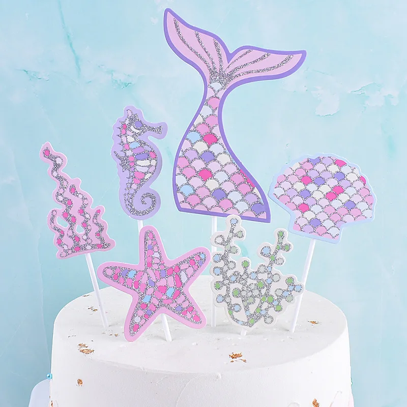 

Ocean Cake Insert Card Mermaid Tail Starfish Coral Birthday Cake Topper Mermaid Birthday Decoration Supplies