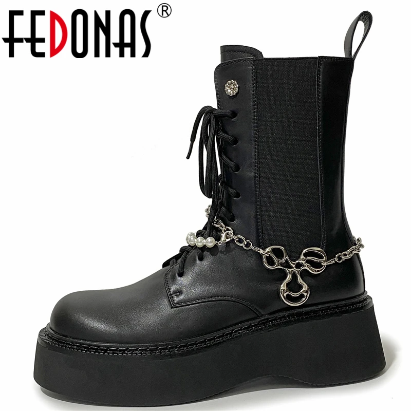 

FEDONAS Punk Fashion Cool Chain Women Mid-Calf Boots Genuine Leather Platforms 2021 Autumn Winter Casual New Lace-Up Shoes Woman