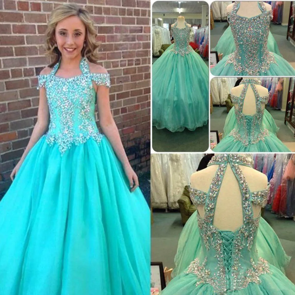 

Halter Pageant Dresses For Girls Teens Beadeds A Line Flower Girl Dresses Junior Glitz First Communion Dress Kids Formal Wear