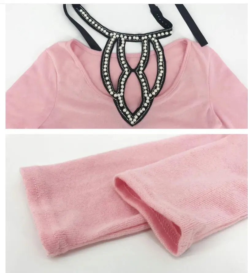 

Sexy Halter Hollowed Pearl Nail Bead Thin Sweater Autumn Winter Female Pink Black White Elegant Long Sleeve Slim Low Cut Tops
