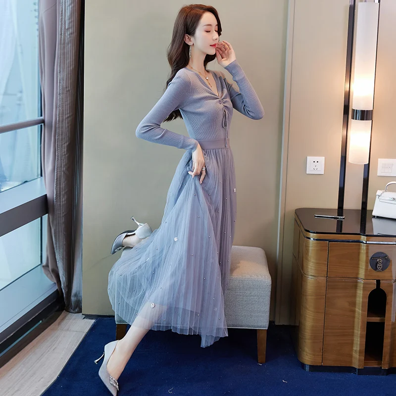 #5256 эластичное платье свитер для женщин с V образным вырезом и высокой талией