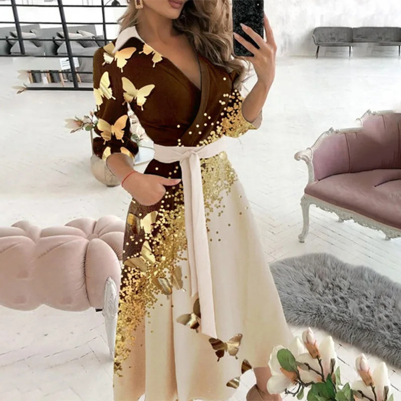 

2021 ladies dress ladies elegant butterfly starlight print dress