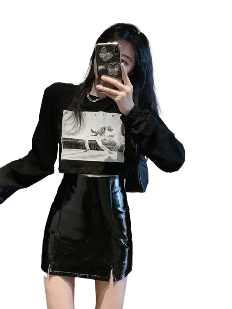 

2020 new slim high waist A-line skirt black bright leather skirt solid color skirt mini skirt skirts womens skirts for women