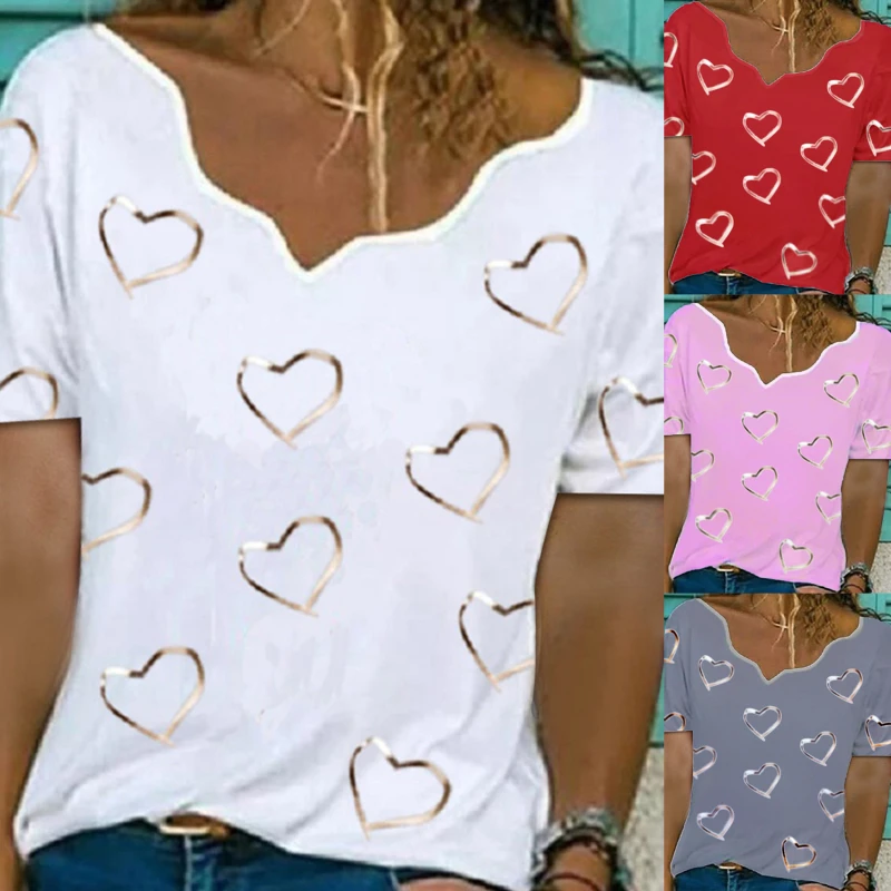 

Women Hearts Print Blouse Asymmetrical Neck Pullover Short Sleeve Shirts Summer Elegant Pullover Top Blusas