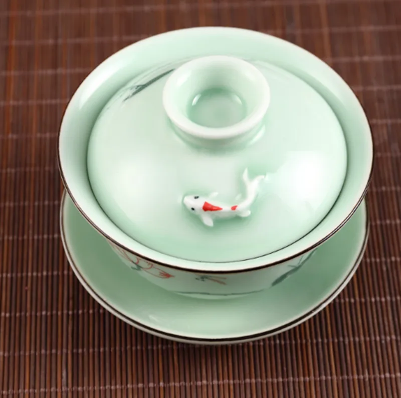 С Тиснением лотоса, рыба, Gaiwan, ручная роспись, чайная супница Longquan с узором, чайные чаши, чайник Tieguanyin, отправляется