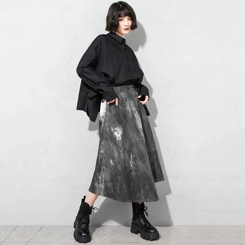 

[EAM] High Elastic Waist Tie Dye Asymmetrical Pockets Individuality Half-body Skirt Women Fashion Spring Autumn 2021 1DD6962