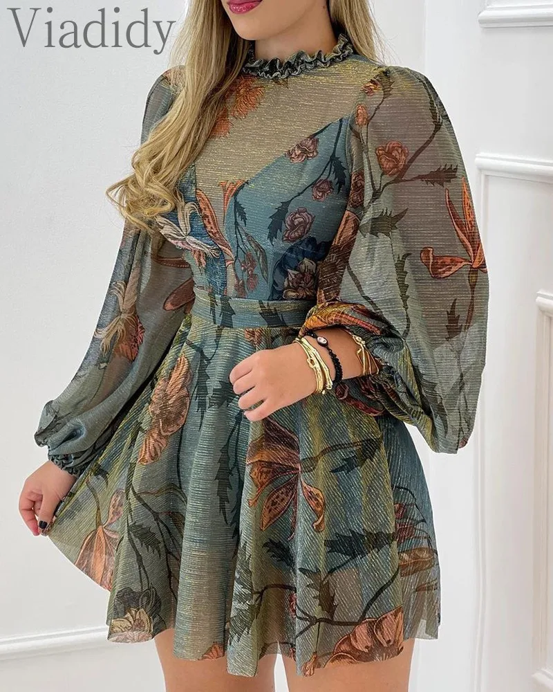 

Женское прозрачное Сетчатое платье-трапеция, с цветочным принтом и рукавами-фонариками