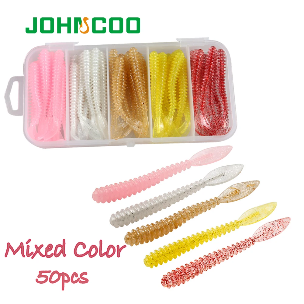 JOHNCOO 50 шт./кор. рыболовные мягкие искусственные черви приманки смешанные цвета