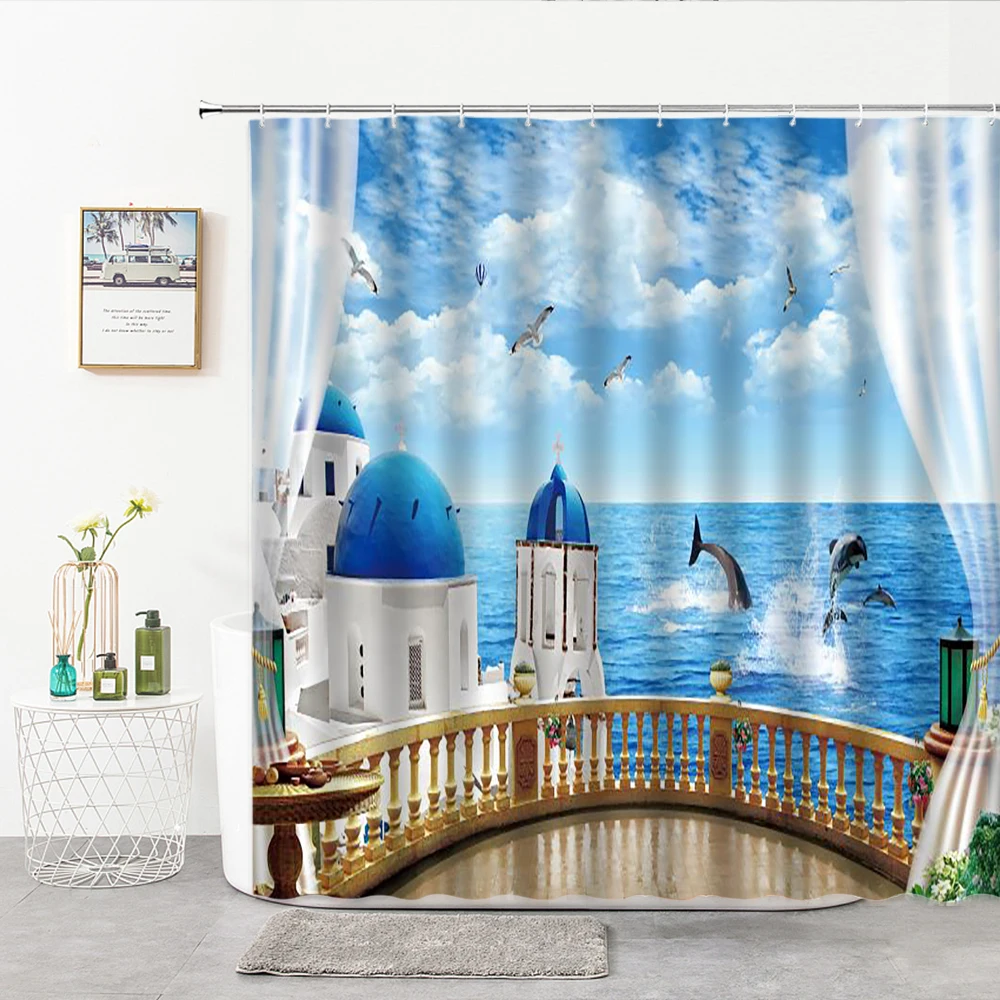 

Summer 3D Outside The Window Ocean Landscape Shower Curtains Seaside Coconut Tree Pattern Washable Home Bathroom Decor Curtain