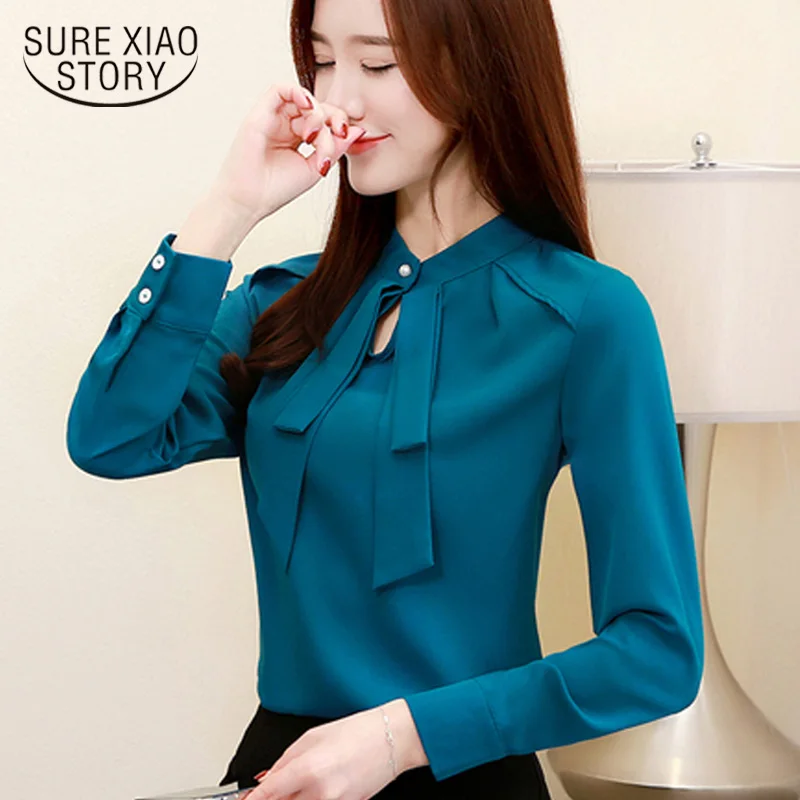 

Модные женские блузки 2019 Весенняя шифоновая блузка рубашка с воротником-бабочкой офисная блузка женская плюс размер с рукавом длинным Женс...