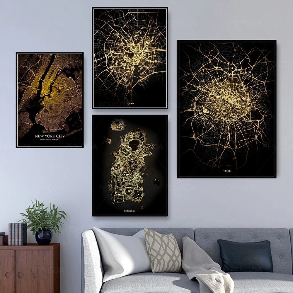 Город золотая линия цифровая карта Модульная картина холст настенные