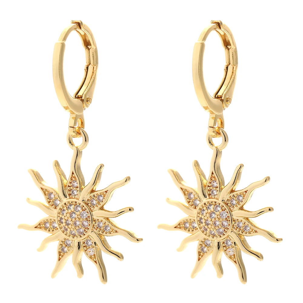 

Cubic Zircon Sun Hoop Earrings for Women Gold Bling Cute Dangle Earrings Female Ear Rings Party Gift New Fashion Korean 2021