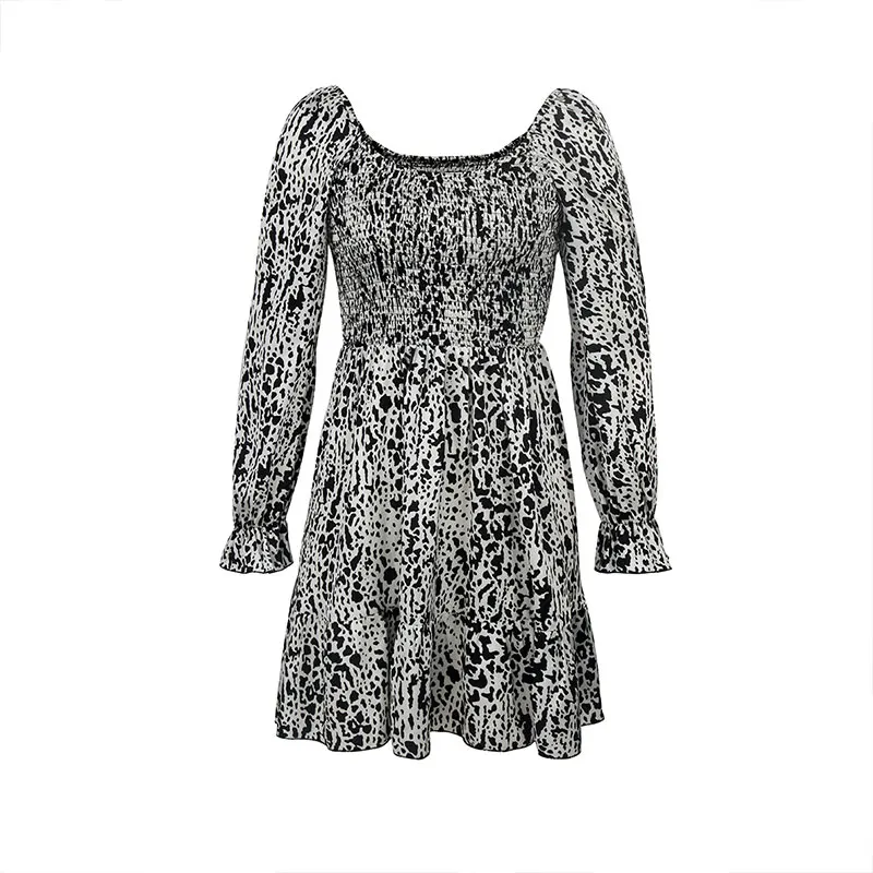 

KNOYEER Flare Long Sleeve Mini Dresses For Women 2021 Spring Autumn Ruffles Party Dress Leopard Satin Print Vintage Vestidos