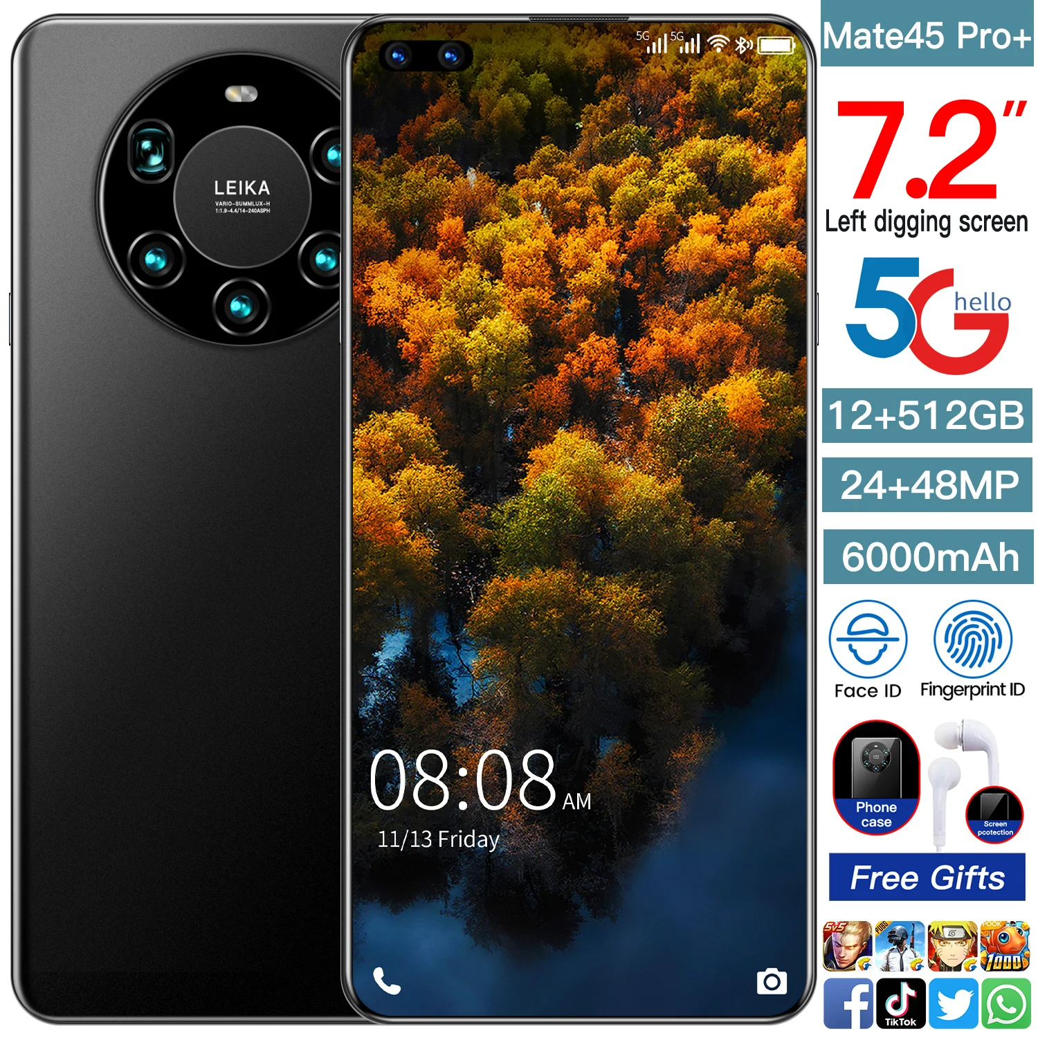 Глобальная версия Mate45 Pro + 7 2 дюймовый смартфон полный Экран Octa Core 5000 мА/ч 8 Гб 256 4