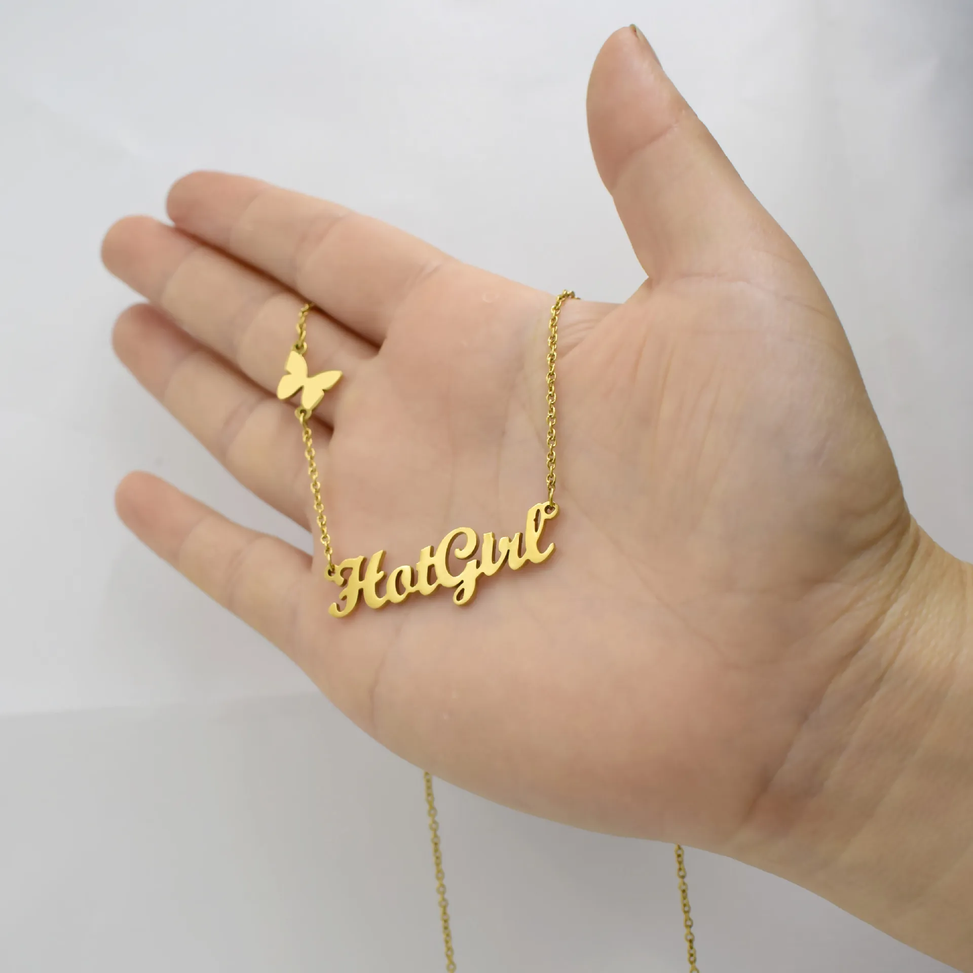 Stainless Steel Gold Cursive Hotgirl With Butterfly Necklace For Women Kids Jewelry Choker Best Friend Birthday Gift | Украшения и