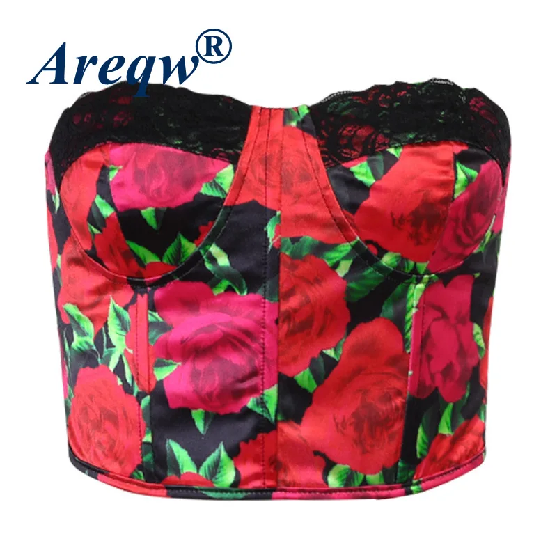 

Rose print lace stitching tube top nightclub fashion print slim sexy tube top