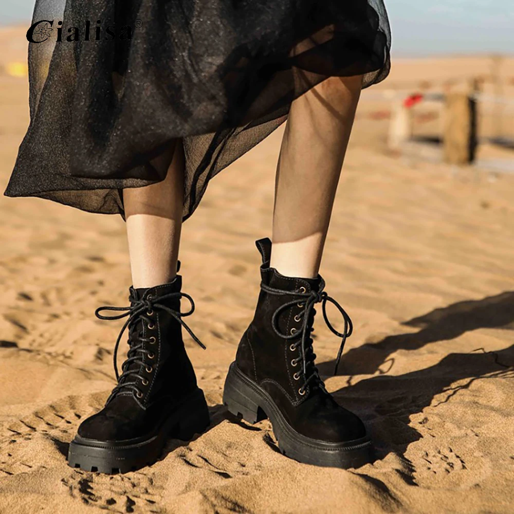 

CIALISA Women Chelsea Boots New Design Genuine Leather Lace Up Round Toe Shoes 2020 Fashion Winter Chunky Heels Ankle Boot