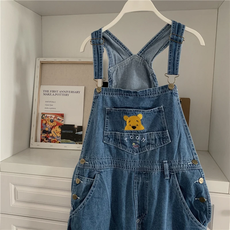

New Girl Childlike Cute Overalls Cartoon Embroidered Bear Denim Jumpsuits Female Loose Retro Regular Mujer