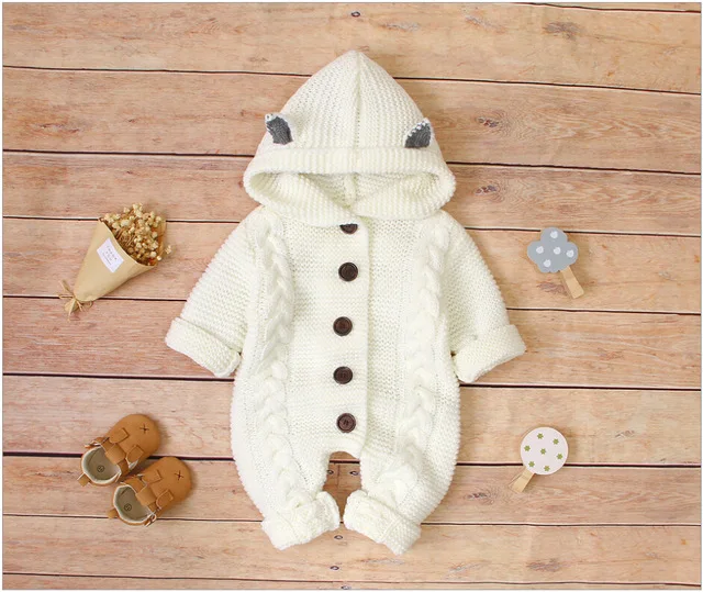

Pudcoco Baby Girl Boy Knitted Clothes Autumn Winter Baby Hooded Romper Infant Solid Warm One Piece Long Sleeve Jumpsuit 0-24M