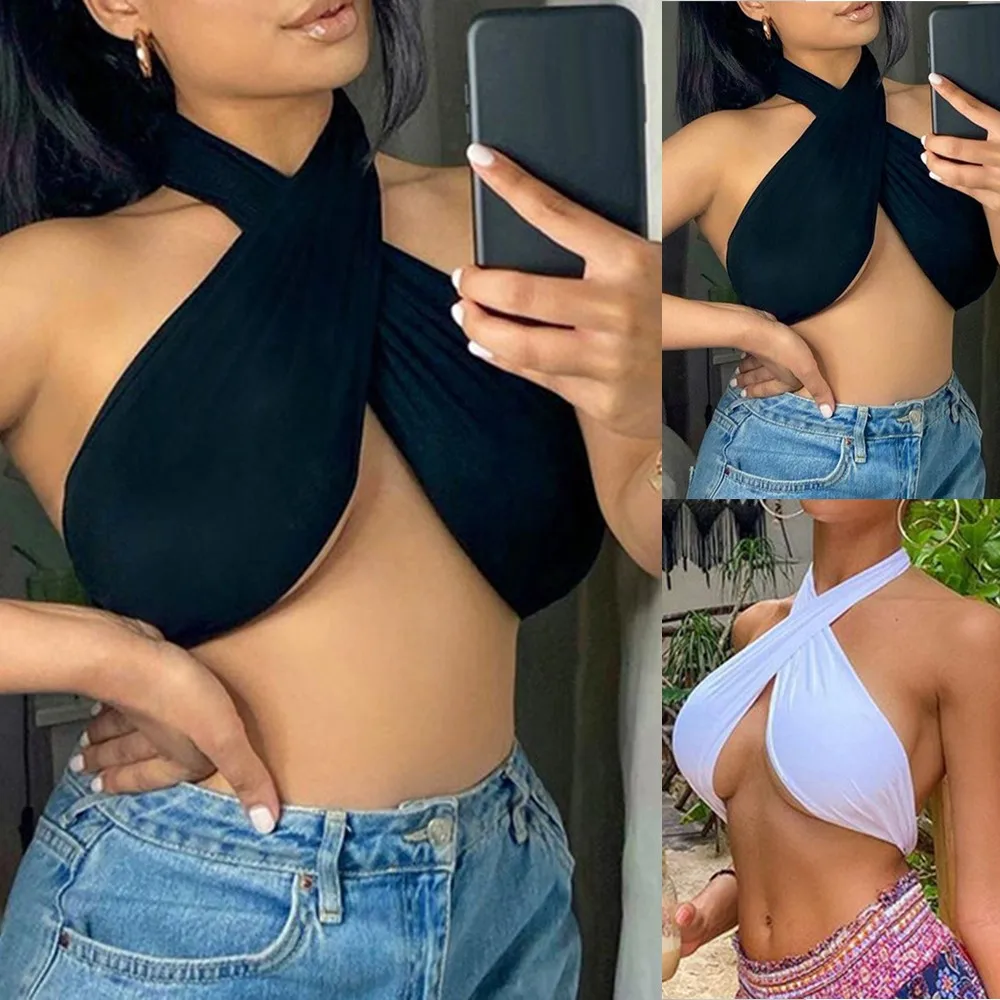 

Women Sexy Halter Crop Top Sleeveless Clubwear Backless Bandage Vest Tank Summer Bra Solid Color Bralette Tanktop