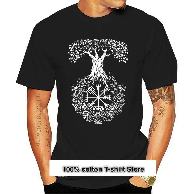 Camiseta Yggdrasil de celtas negras, vikingos mundos Ash vegvísir colgante, germánica Odin, novedad