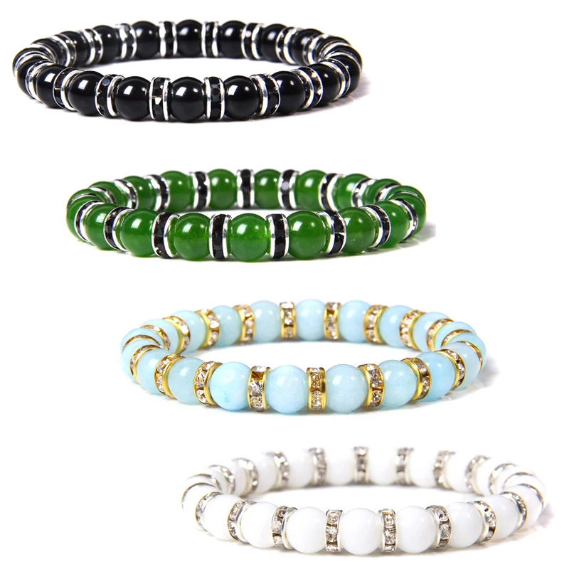 

Natural Taiwan Jades Stone Bracelts Men Elastic Handmade Jewelry Bangle Women Silver Color CZ Charm Pulsera 8 MM Beads Bracelet