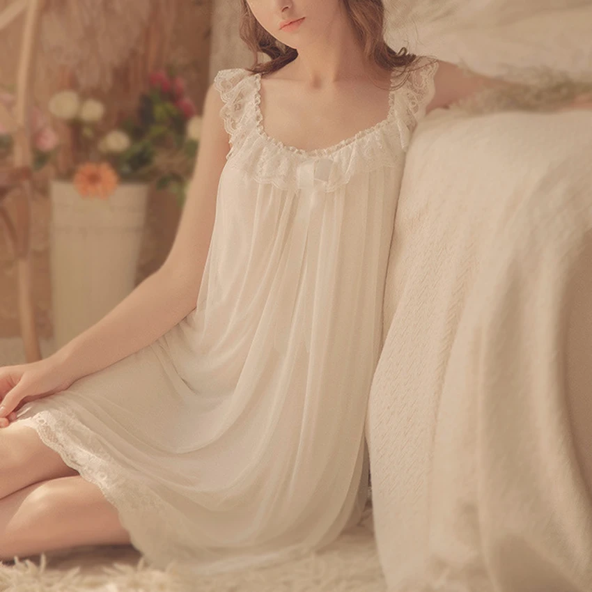 Women Lady Girl Solid Color White Pink Lace Elegant Nightgowns Princess Nightdress Sleepwear Lolita Summer Sleeveless Sexy Dress