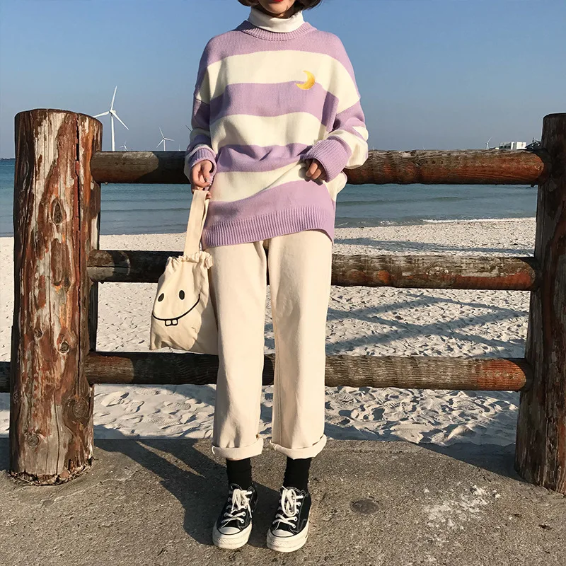 Женские свитера Kawaii Ulzzang в студенческом стиле, популярная цветная полоска, свитер с Луной, Женская Корейская одежда Harajuku, плотная повседневная одежда