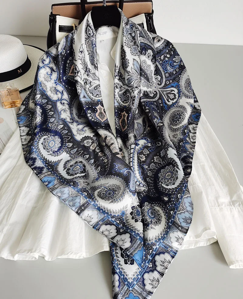 

Women's 100% Pure Silk 12mm Satin Printed Big Square Scarf Wrap Kerchief 108cm 42.5" WD003-1