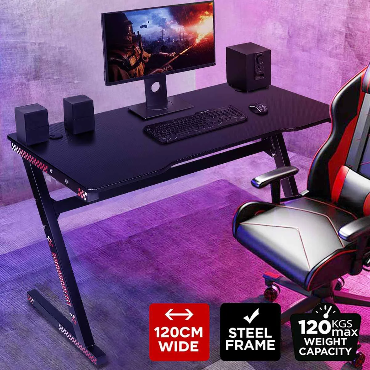 

47 Inch Z-Shape Ergonomic Gaming Desk with Audio Sensor RGB LED Light Headphone Hook E-sports Computer Table Desk Workstation