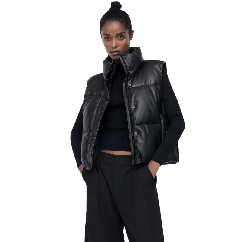 

Leather Cotton Vest Women 2021 Autumn Winter New Fashion PU Leather Turtleneck Zipper Pocket Jacket Slim Short Top Female JD1350