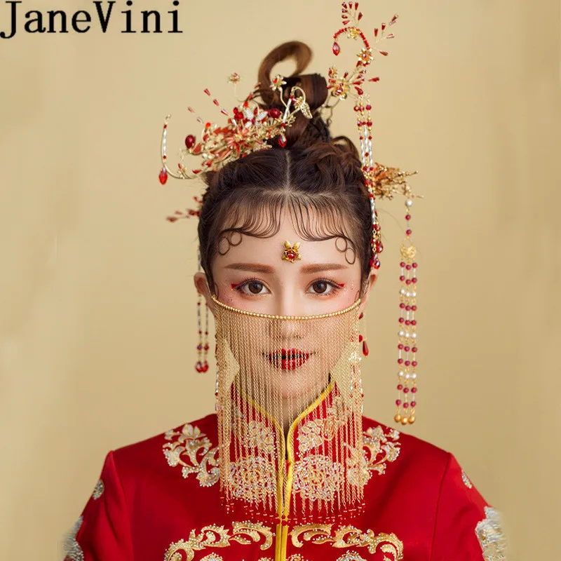 JaneVini китайский Стиль невесты уход за кожей лица крышка с длинной бахромой