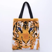 casual tiger pattern knitting tote bag faux woolen women shoulder bags woven lady handbags crochet large capacity shopper purses