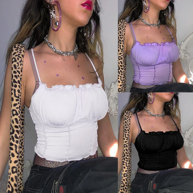 

New summer women's tight sexy vest condole top casual low-cut gathered slim solid color lotus leaf system