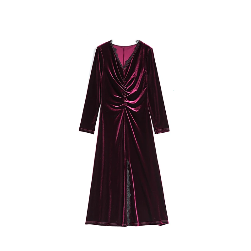 

Make new winter female temperament of high-end pleuche brim wealthy woman v-neck waist velvet dress dress