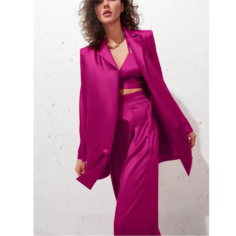 

2021 Women Casual Solid Color Rose Red White Ladies Satin Blazer Vintage Office Lady Lace Up Cardigan Autumn Coats Women Blazers