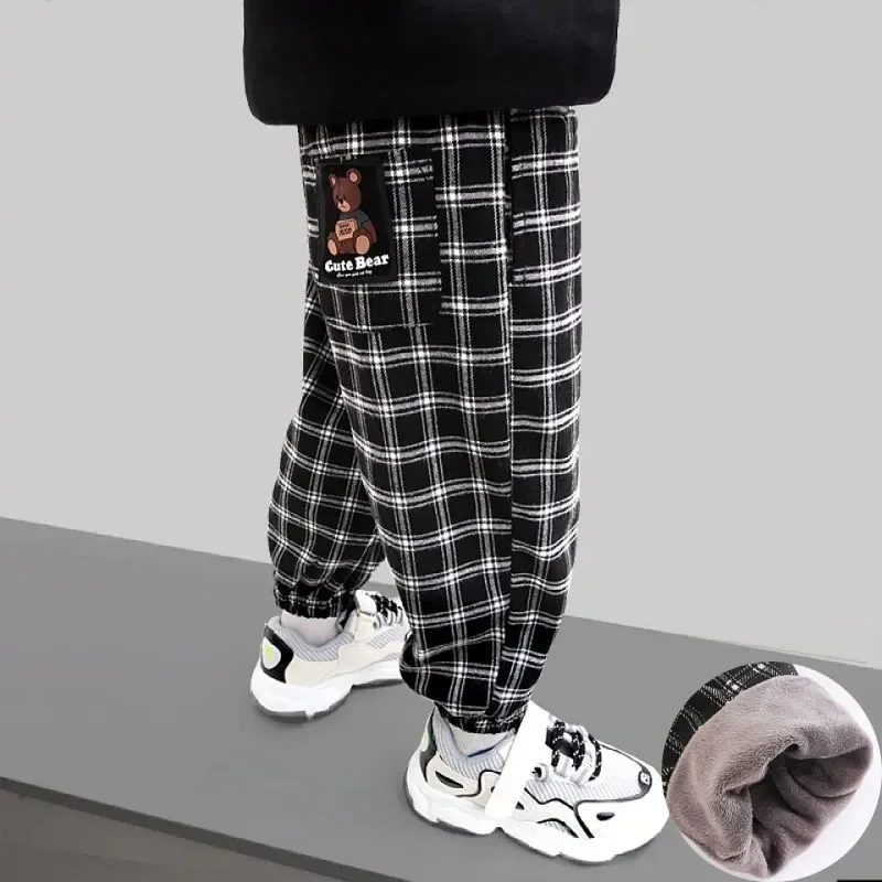 

1-8Y Children's Autumn Boy Pants Baby Girls Sanding Plaid Winter Casual Kids Thick Pants Boys Plus Velvet Padded Gusset Trousers
